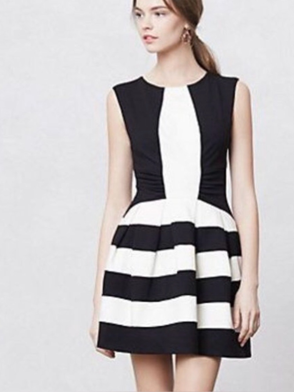 Eva Franco Black and Cream Striped Fit-and-Flare Dress